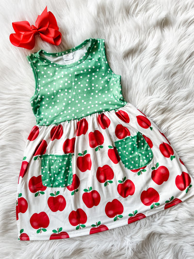 Girls first day of school dress with apples and polka dots. GIrls boutique dresses.