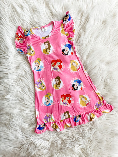 Girls Princess Nightgown in hot pink, with all her favorite princesses and adorable ruffle sleeves